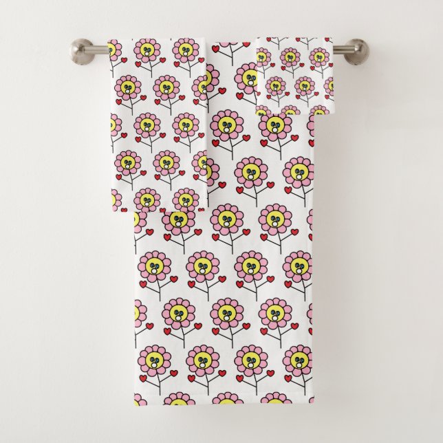 Cute Pink Flowers Pattern Girls Bath Towel Set (Insitu)