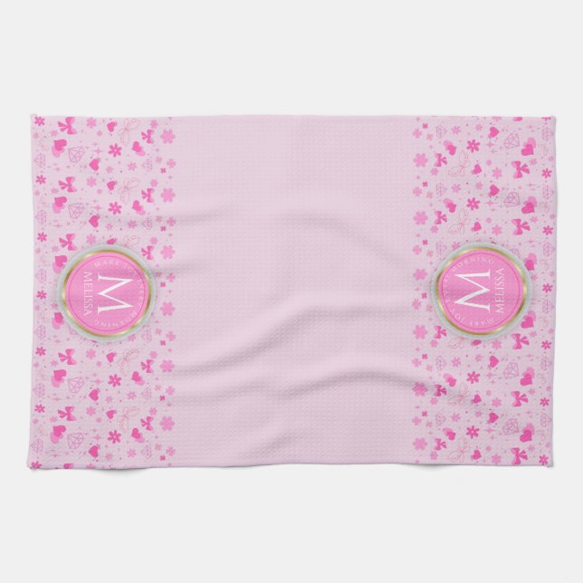 Cute Pink Flowers Pattern, Girly Floral Design Tea Towel (Horizontal)