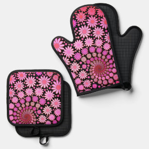 Cute Pink Flowers Pattern Oven Mitt & Pot Holder Set