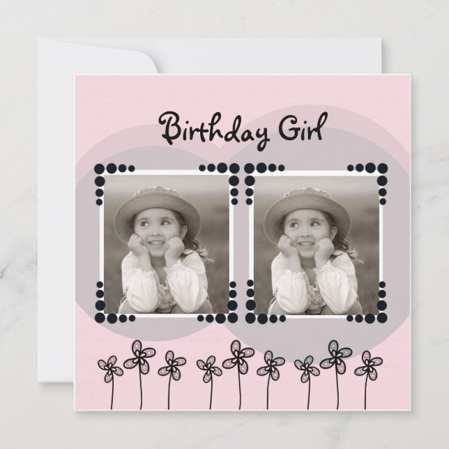Cute Pink Flowers Photo Girl Birthday Party Invitation (Front)