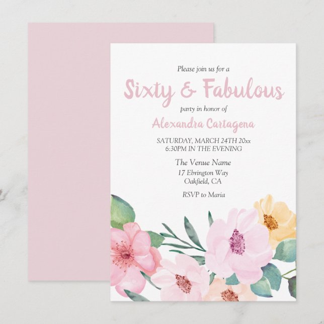 Cute Pink Flowers Sixty & Fabulous 60th Birthday Invitation (Front/Back)