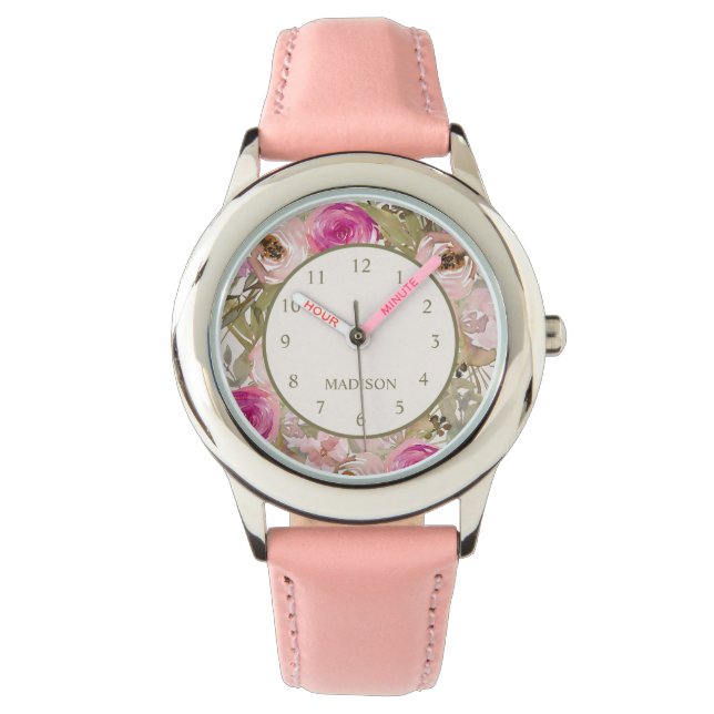 Cute Pink Flowers Your Name Child's Watch (Front)