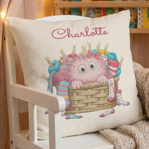 Cute Pink Fluffy Sock Monster Kids Design Cushion