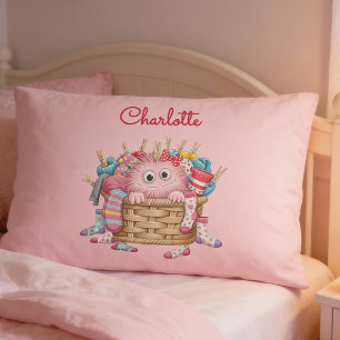 Cute Pink Fluffy Sock Monster Kids Design Pillowcase