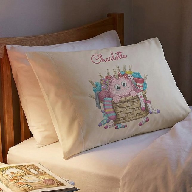 Cute Pink Fluffy Sock Monster Kids Design Pillowcase (Creator Uploaded)