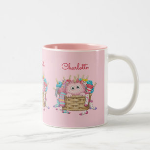Cute Pink Fluffy Sock Monster Kids Design Two-Tone Coffee Mug