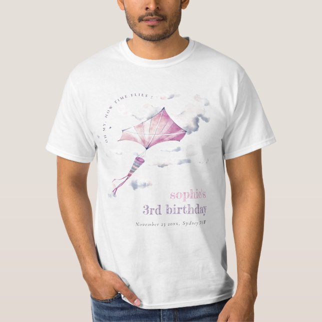 Cute Pink Flying Kite Sky Clouds Birthday Family T-Shirt (Front)