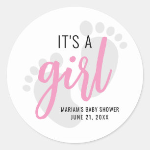 Cute Pink Footprints It’s a Girl Baby Shower Classic Round Sticker