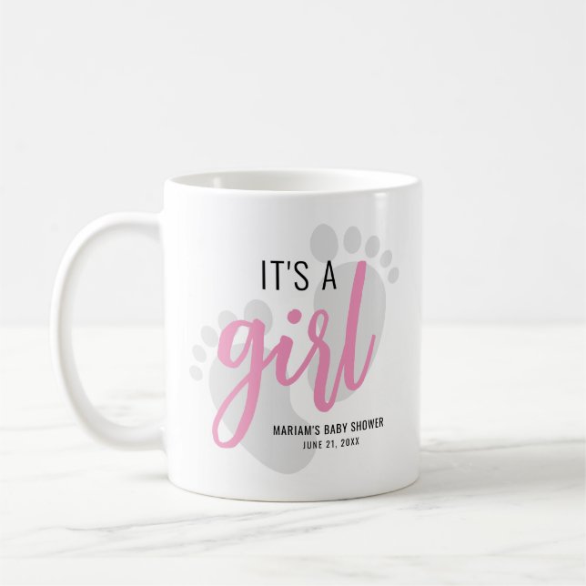 Cute Pink Footprints It’s a Girl Baby Shower Coffee Mug (Left)