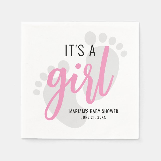 Cute Pink Footprints It’s a Girl Baby Shower Napkin (Front)