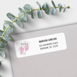 Cute Pink Footprints It’s a Girl Return Address