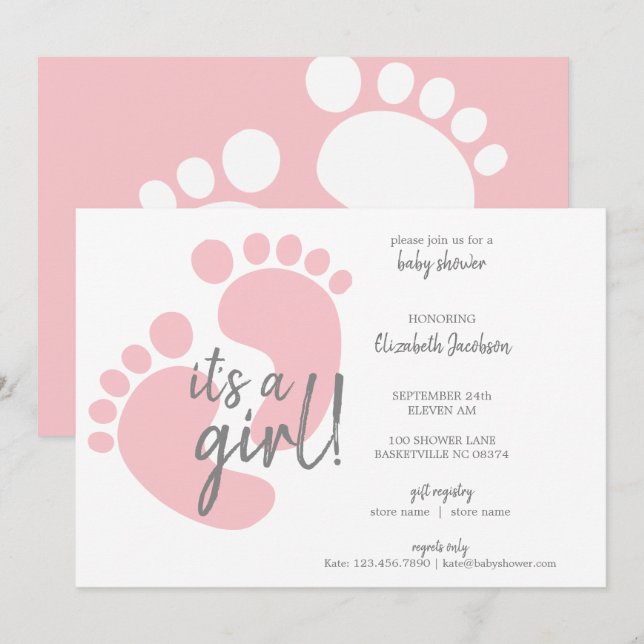 Cute Pink Footprints It's a Girl Baby Shower Invitation (Front/Back)