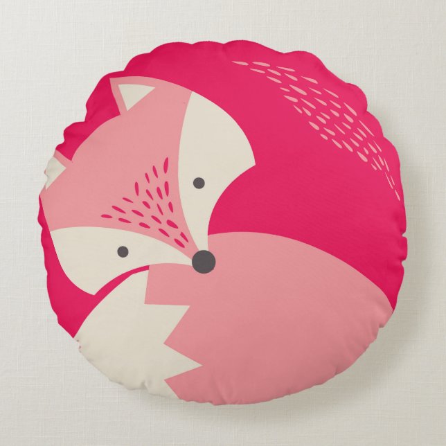 Cute Pink Fox Cartoon Round Pillow for Kids (Front)