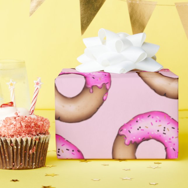 Cute Pink Frosted Doughnuts with Sprinkles Pattern Wrapping Paper (Birthday Party)
