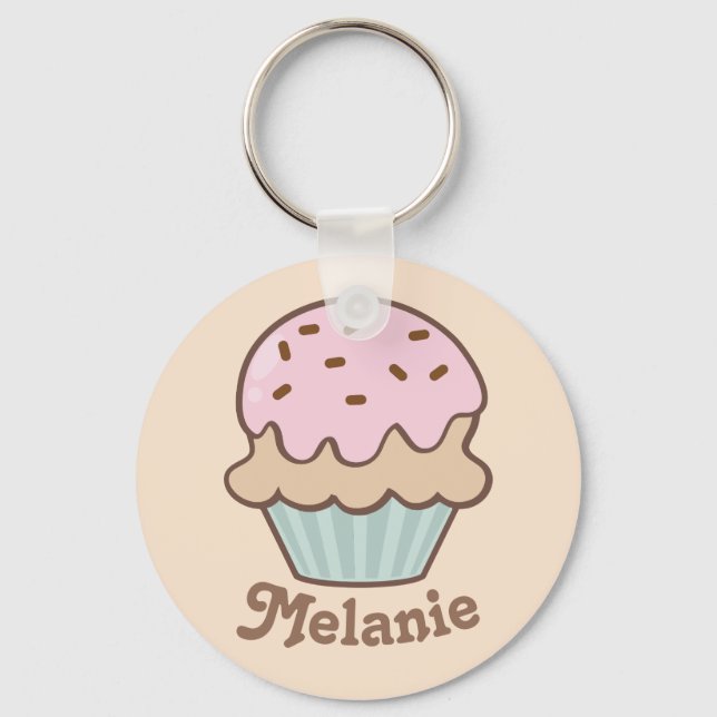 Cute Pink Frosting Cupcake Personalised Key Ring (Front)