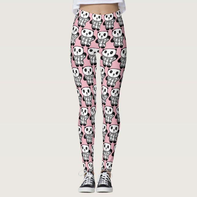 Cute Pink Fun Pandy the Panda Pattern Leggings (Front)