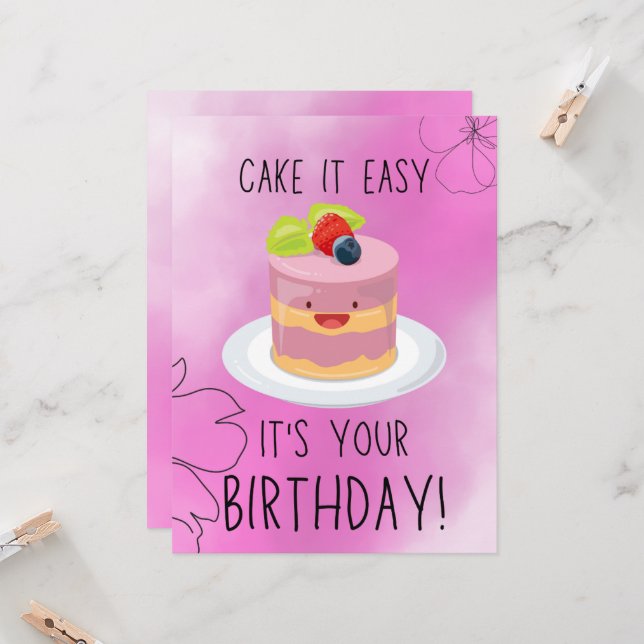  Cute Pink Funny Birthday Cake Greeting  Card (Front/Back In Situ)