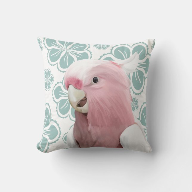 Cute Pink Galah Cockatoo Parrot Blue Flowers Cushion (Front)