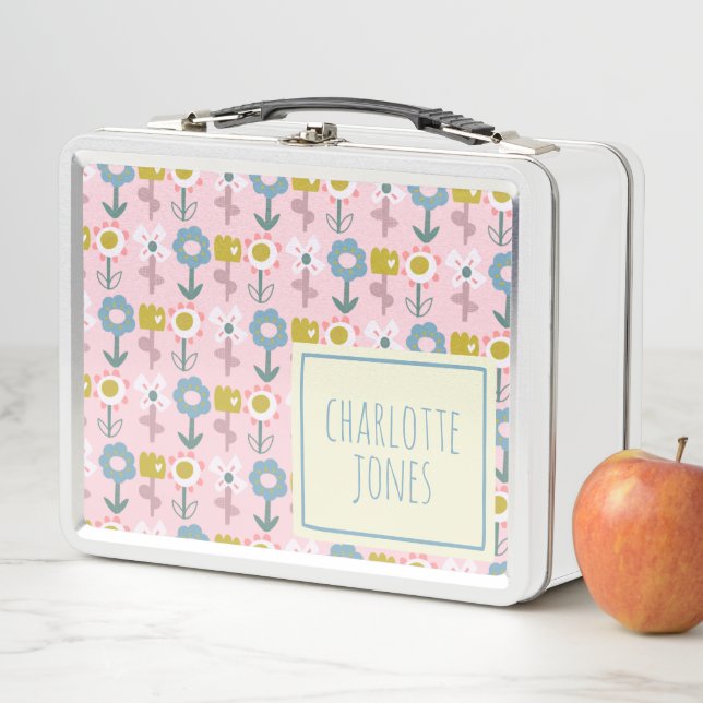Cute Pink Garden Flowers Personalised Name Metal Lunch Box (In Situ)