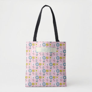 Cute Pink Garden Flowers Personalised Name Tote Bag