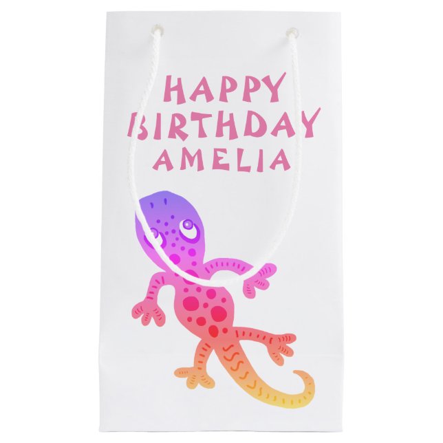 Cute Pink Gecko Lizard Girl Kids Birthday Small Gift Bag (Front)