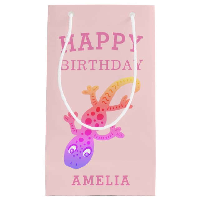Cute Pink Gecko Lizard Girl Kids Birthday Small Gift Bag (Front)