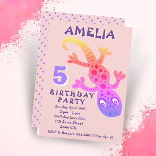 Cute Pink Gecko Lizard Girls Birthday Party Invita Invitation