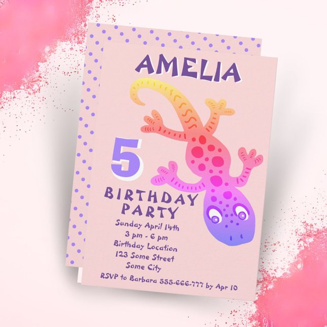 Cute Pink Gecko Lizard Girls Birthday Party Invita Invitation (Creator Uploaded)