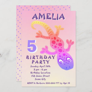 Cute Pink Gecko Lizard Girls Birthday Party Invita Invitation
