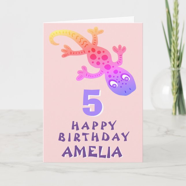 Cute Pink Gecko Lizard Girls Happy Birthday Card (Front)