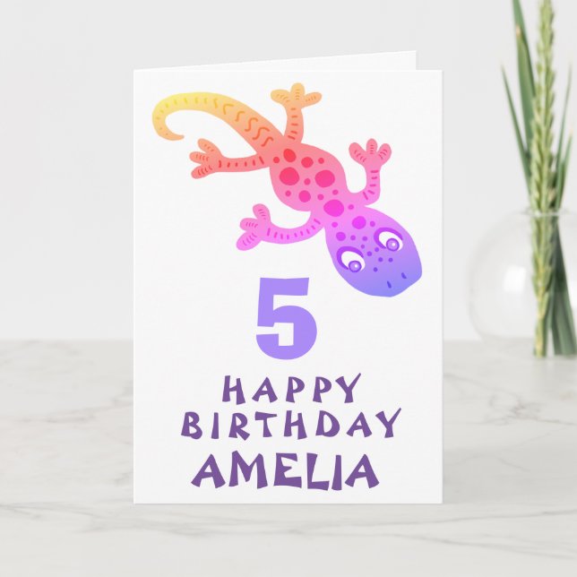 Cute Pink Gecko Lizard Girls Happy Birthday Card (Front)