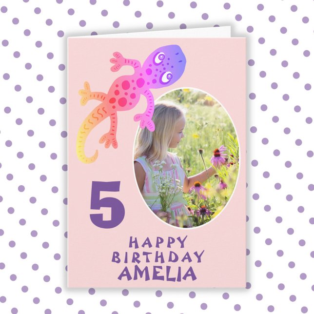 Cute Pink Gecko Lizard Girls Photo Birthday Card (Creator Uploaded)
