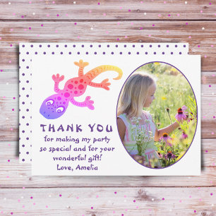 Cute Pink Gecko Lizard Girls Photo Birthday Thank  You Card