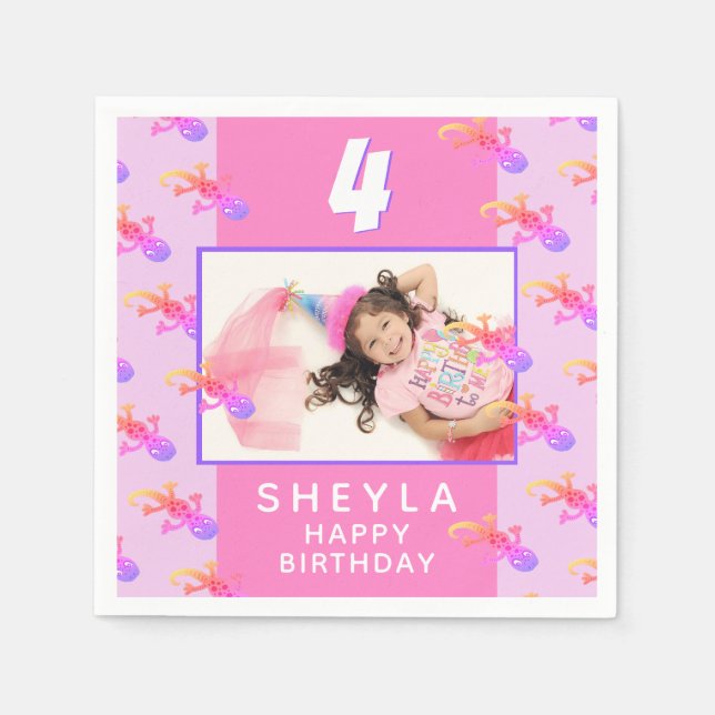 Cute Pink Gecko Lizard Kid`s Birthday Party Photo Napkin (Front)