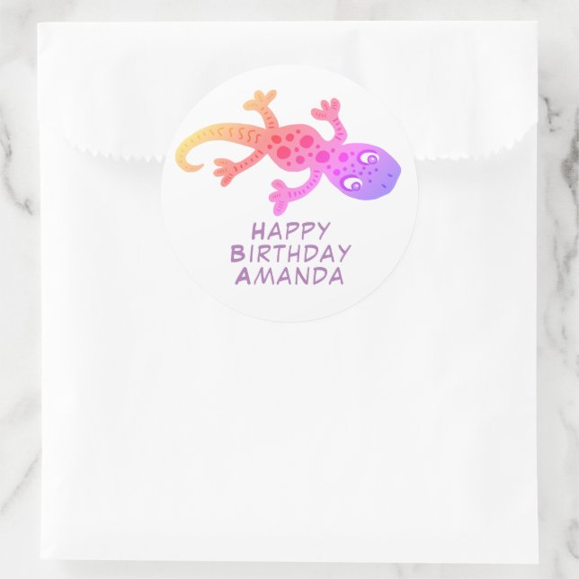 Cute Pink Gecko Lizard Rainbow Girls Birthday  Classic Round Sticker (Bag)
