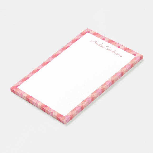 Cute Pink Geometric Border Personalised Script Post-it Notes (Angled)
