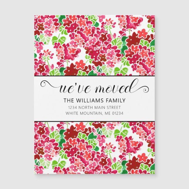 Cute Pink Geranium Watercolor Floral Moving Magnet (Front)