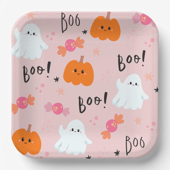 Cute Pink Ghost and Pumpkin Halloween Paper Plates (Front)