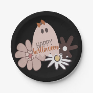 Cute Pink Ghost Floral Halloween Paper Plate