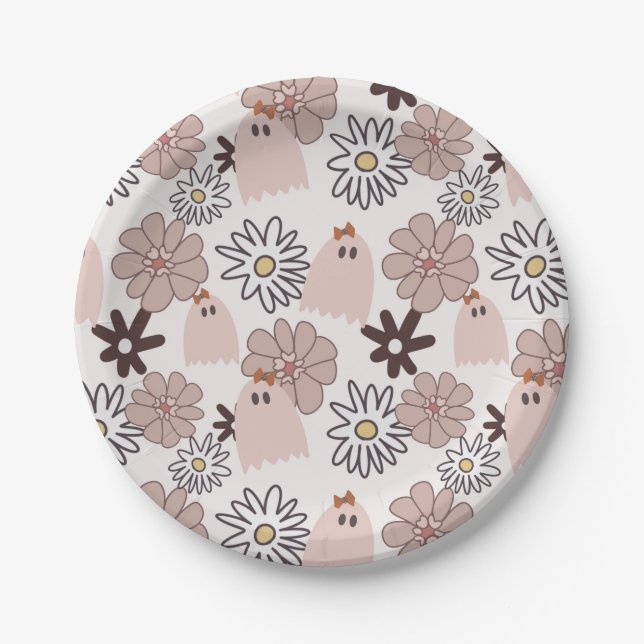 Cute Pink Ghost Floral Halloween Pattern Paper Plate (Front)
