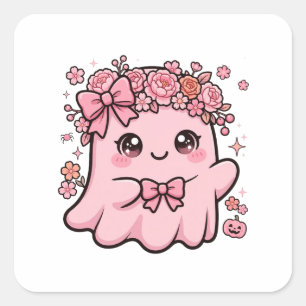 Cute Pink Ghost Floral Halloween Square Sticker