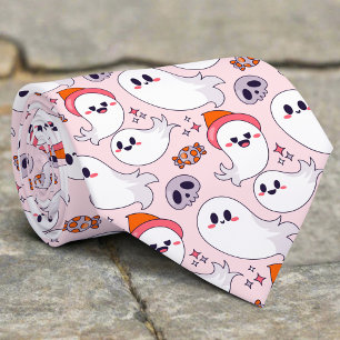 Cute Pink Ghost Funny Halloween Candy And Skull Tie
