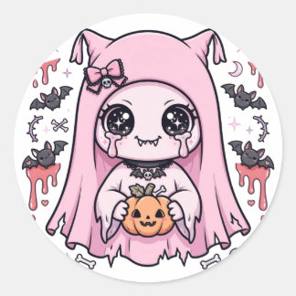 Cute Pink Ghost Girl Kawaii Halloween Pumpkin Past Classic Round Sticker