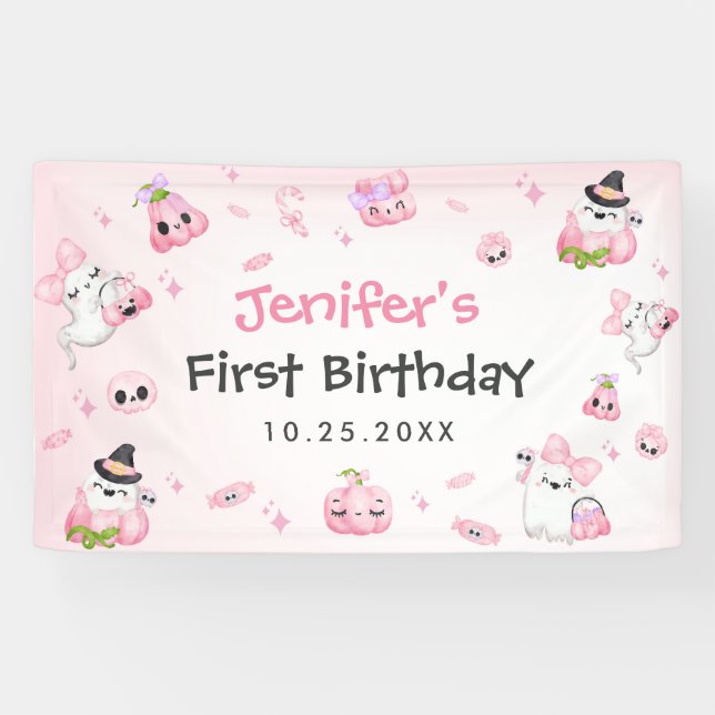 Cute Pink Ghost Halloween 1st Birthday Banner (Horizontal)