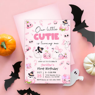 Cute Pink Ghost Halloween 1st Birthday  Invitation
