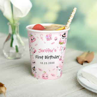 Cute Pink Ghost Halloween 1st Birthday Paper Cups