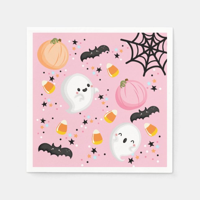 Cute Pink Ghost Halloween Birthday Party Girl Napkin (Front)