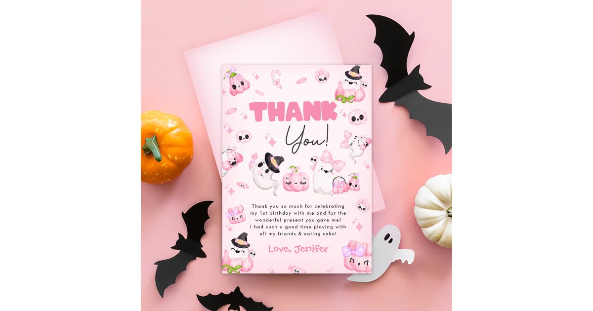 Cute Pink Ghost Halloween Birthday Thank You Card | Zazzle