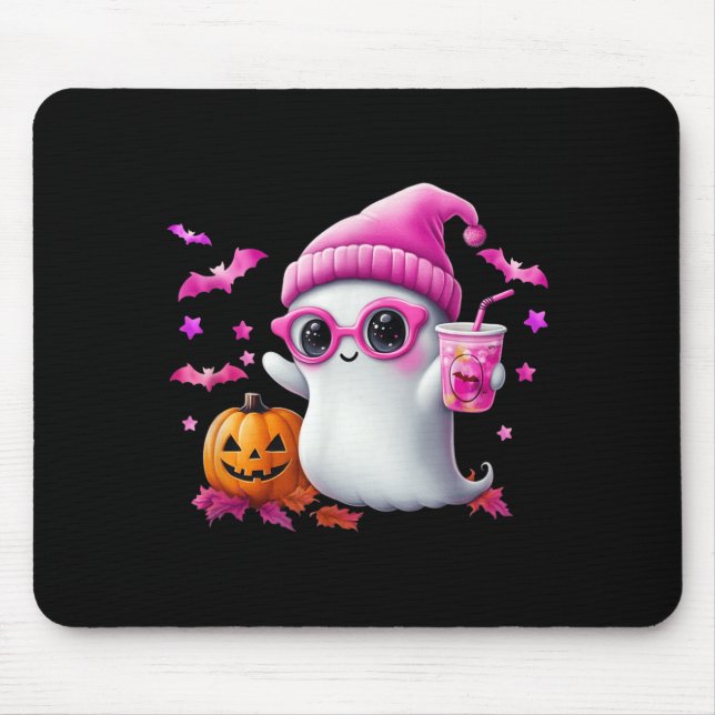 Cute Pink Ghost Halloween - Funny Retro Ghost with Mouse Mat (Front)