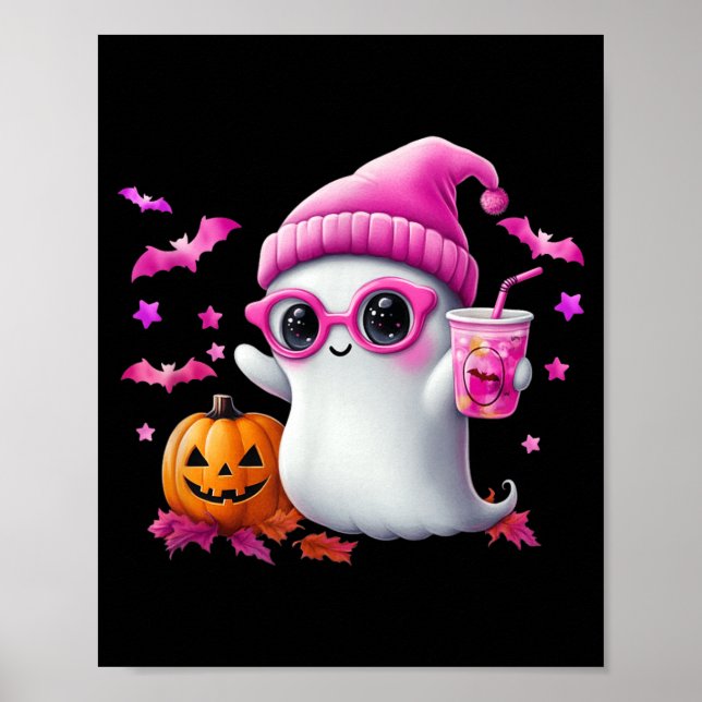 Cute Pink Ghost Halloween - Funny Retro Ghost with Poster (Front)